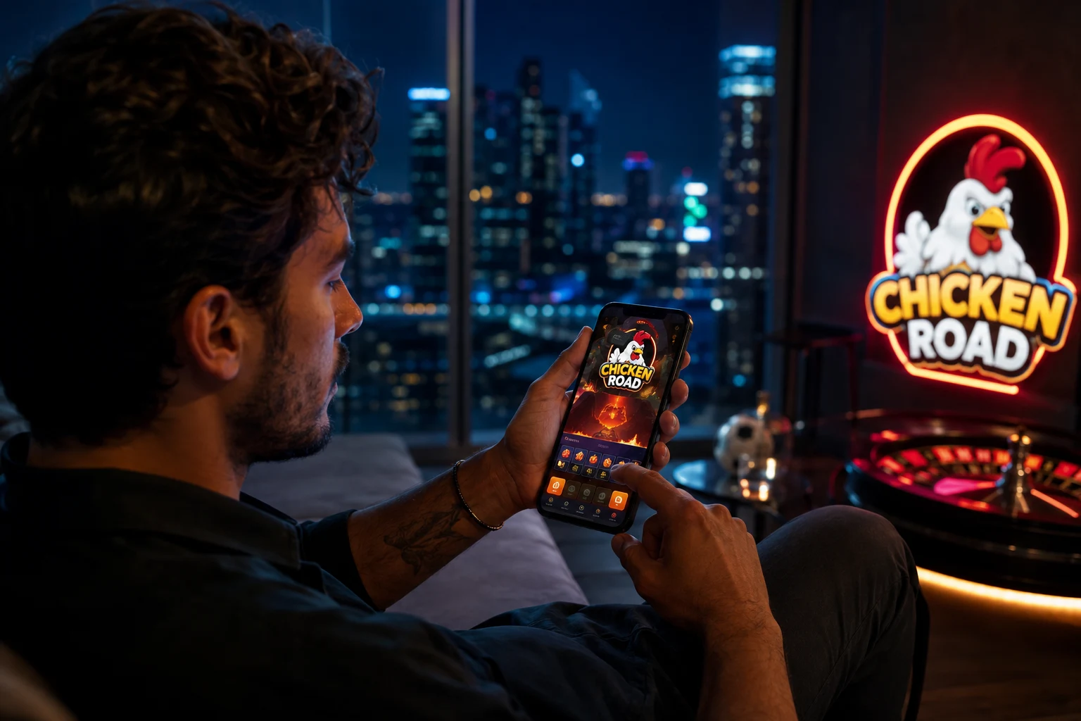 Jugador español usando Chicken Road España en smartphone con interfaz de casino y apuestas online