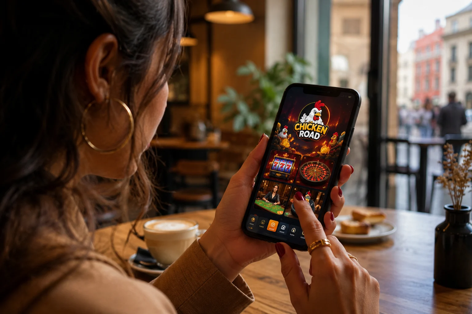 Mujer utilizando Chicken Road Casino desde móvil en una cafetería moderna en España